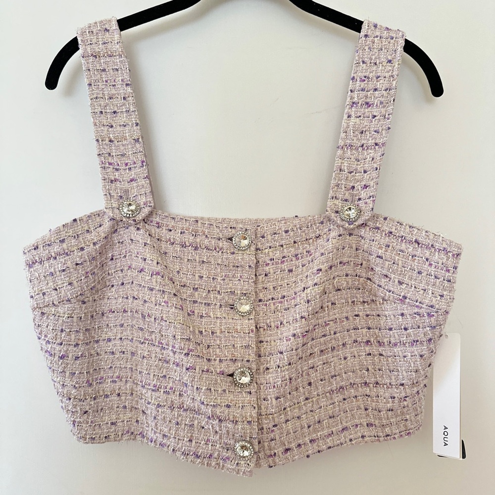 Aqua Lavender Tweed Buttoned Crop Top